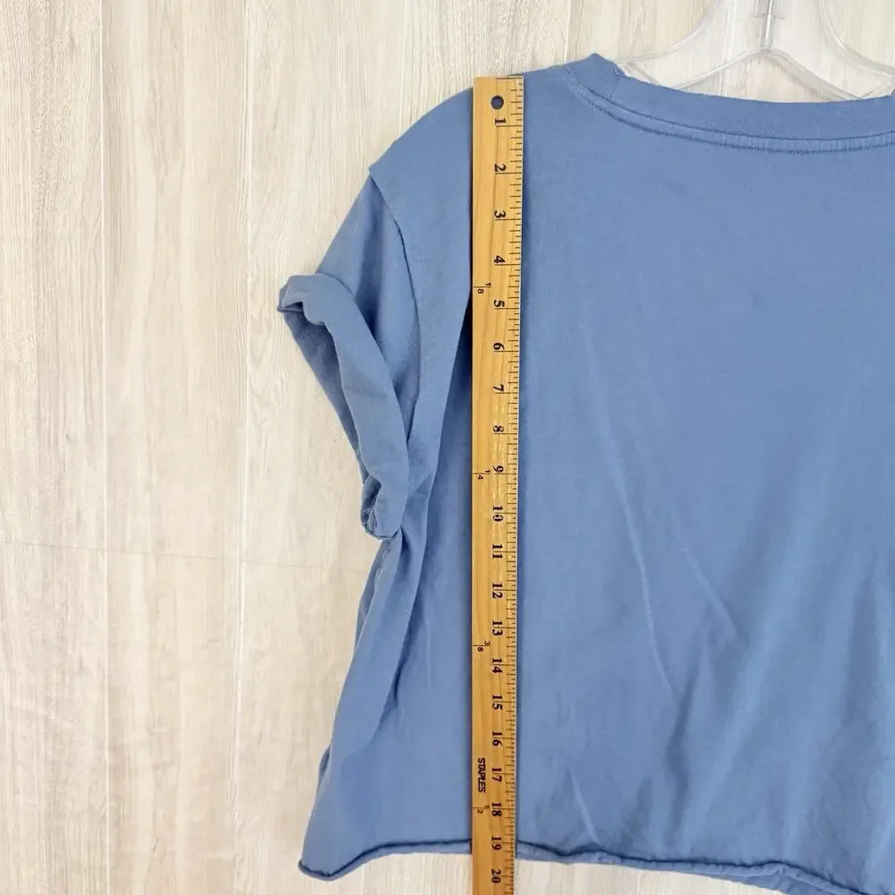 We The Free People Tee Shirt Women XL Blue Cropped Boxy Rolled Sleeve Raw Hem - Picture 8 of 10